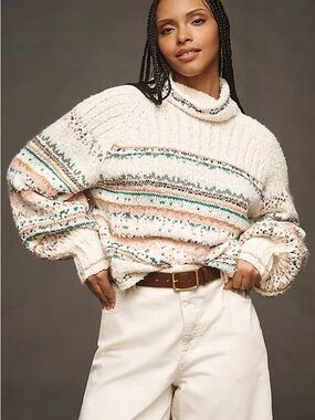 Anthropologie Pilcro Relaxed Turtleneck Sweater Womens Small Ivory Striped Multi